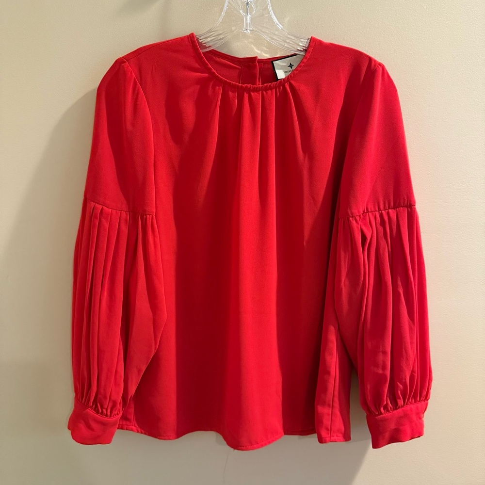 Tuckernuck Red Blouse with Puff Sleeves and Pleated Details